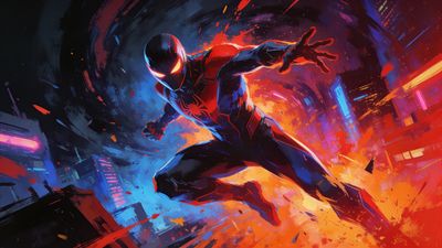 A dynamic superhero, clad in a sleek suit with glowing red and blue accents, leaps through a vibrant neon-lit cityscape, surrounded by swirling bursts of color and light, creating an intense and energetic atmosphere.