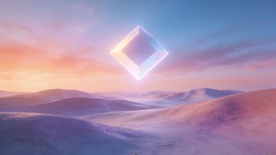 A surreal desert landscape bathed in soft pastel hues of pink and blue, featuring a large, luminous crystal floating in the sky, creating a tranquil and otherworldly atmosphere.