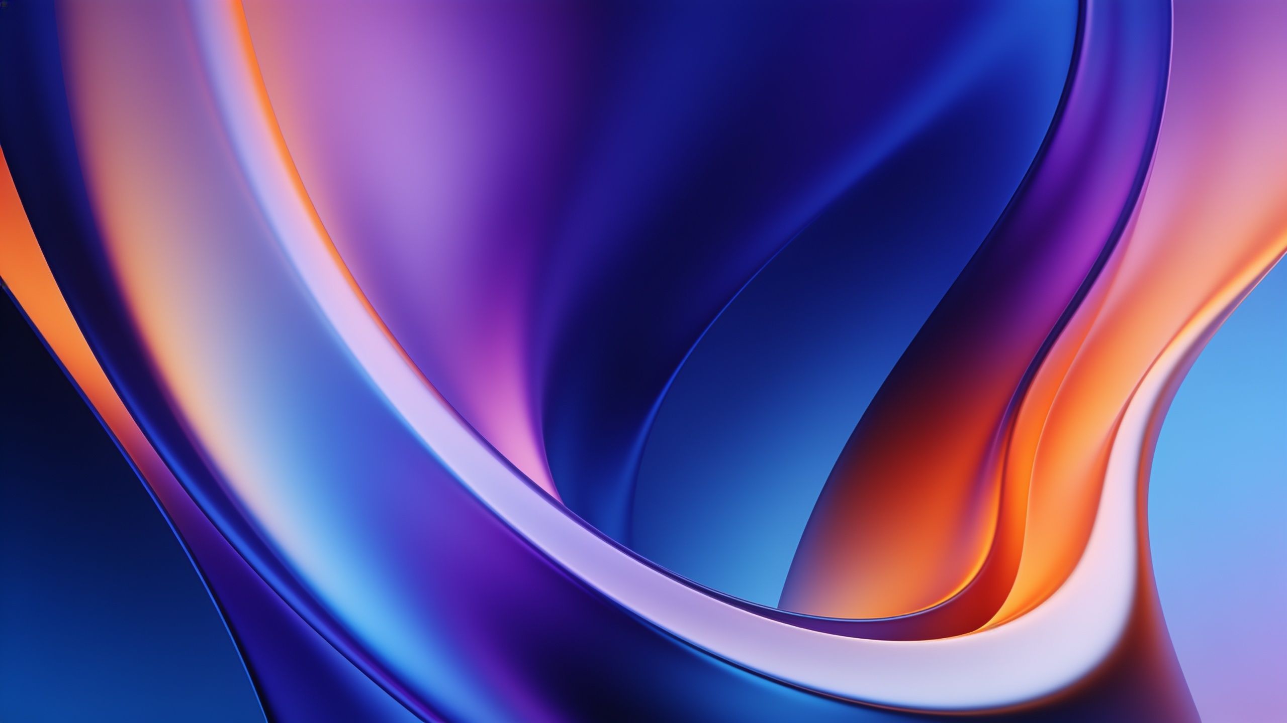 A vibrant abstract wallpaper featuring smooth, flowing waves in rich shades of blue, purple, and orange, creating a dynamic and energetic mood. The design has a glossy, fluid appearance, evoking a sense of movement and depth.
