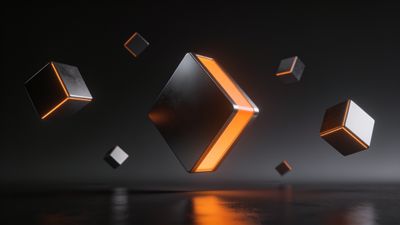 Floating neon cubes with glowing orange edges hover against a dark, reflective background, creating a futuristic and mysterious atmosphere.
