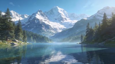 A tranquil mountain lake reflects the towering, snow-capped peaks and lush evergreen trees surrounding it, creating a serene and peaceful atmosphere under a clear blue sky.