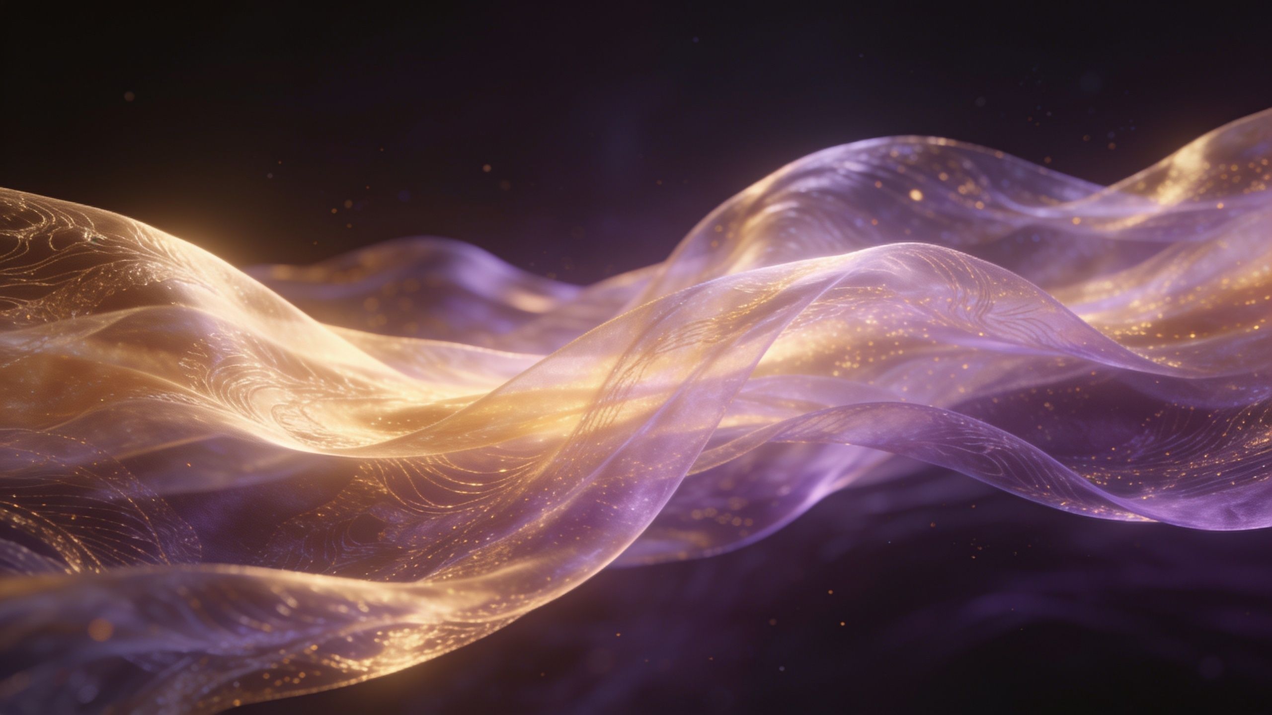A mesmerizing display of flowing silk-like waves in shades of gold and purple, illuminated with soft, glowing light against a dark background, creating a serene and ethereal mood.