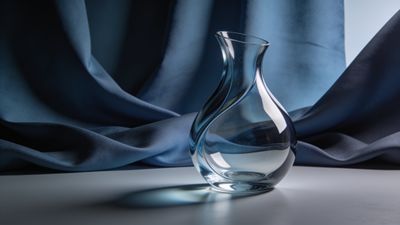 A clear, elegantly shaped glass vase is set against a backdrop of soft, flowing blue drapes, creating a serene and sophisticated atmosphere. The lighting highlights the vase's curves and the rich texture of the fabric, adding depth and elegance to the scene.