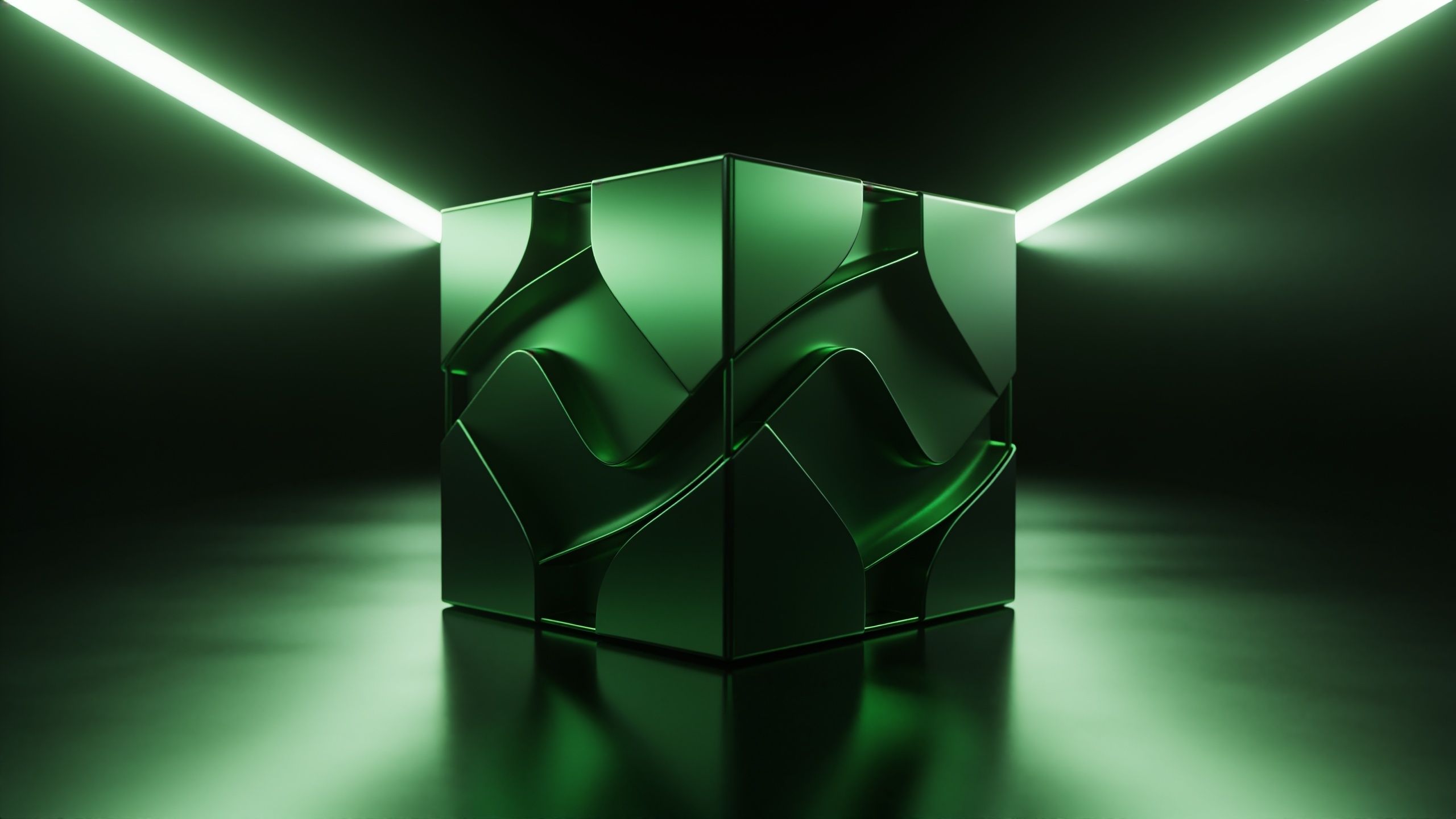 A futuristic green cube with a smooth, wavy surface emits a neon glow, set against a dark background with sharp, illuminated lines, creating a sleek and modern atmosphere.