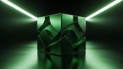 A futuristic green cube with a smooth, wavy surface emits a neon glow, set against a dark background with sharp, illuminated lines, creating a sleek and modern atmosphere.