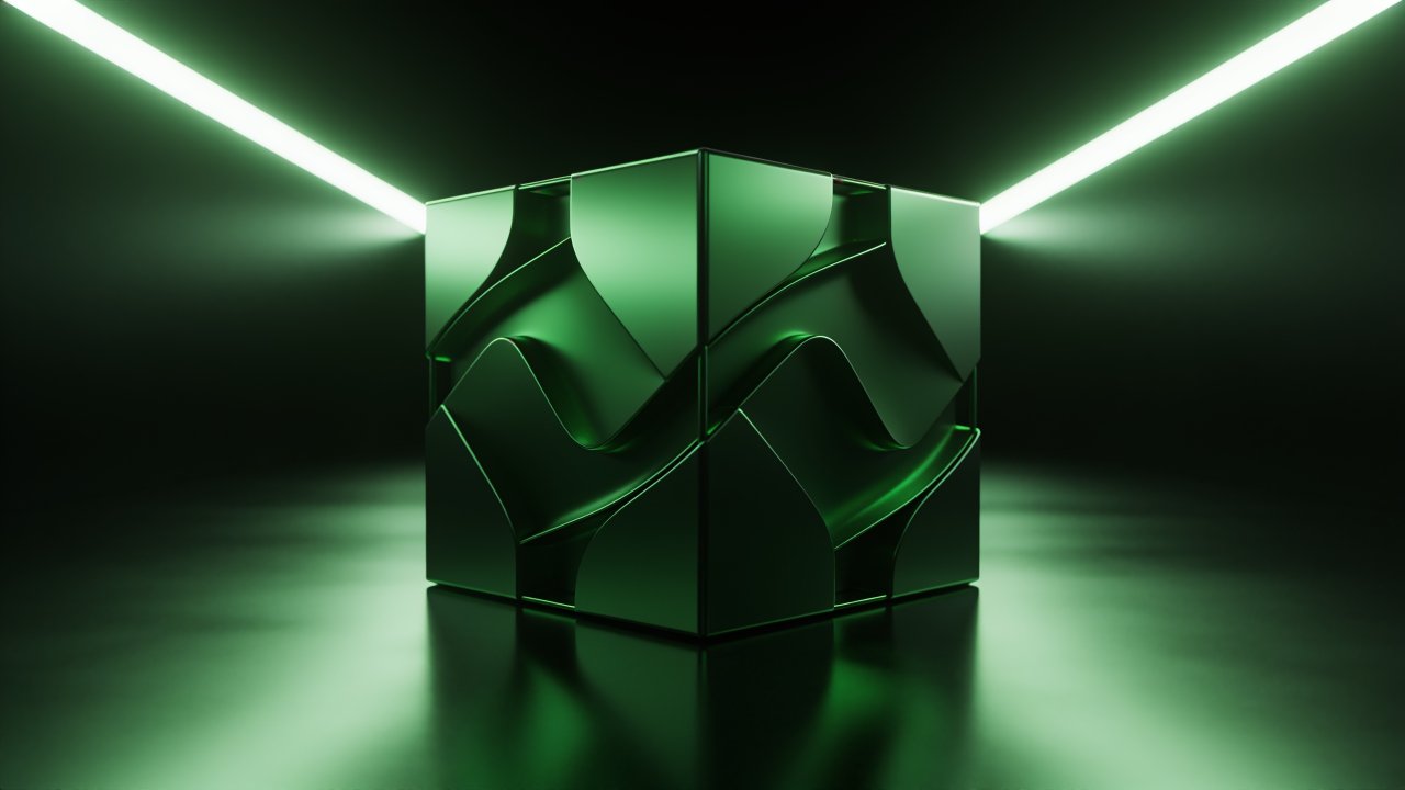 A futuristic green cube with a smooth, wavy surface emits a neon glow, set against a dark background with sharp, illuminated lines, creating a sleek and modern atmosphere.