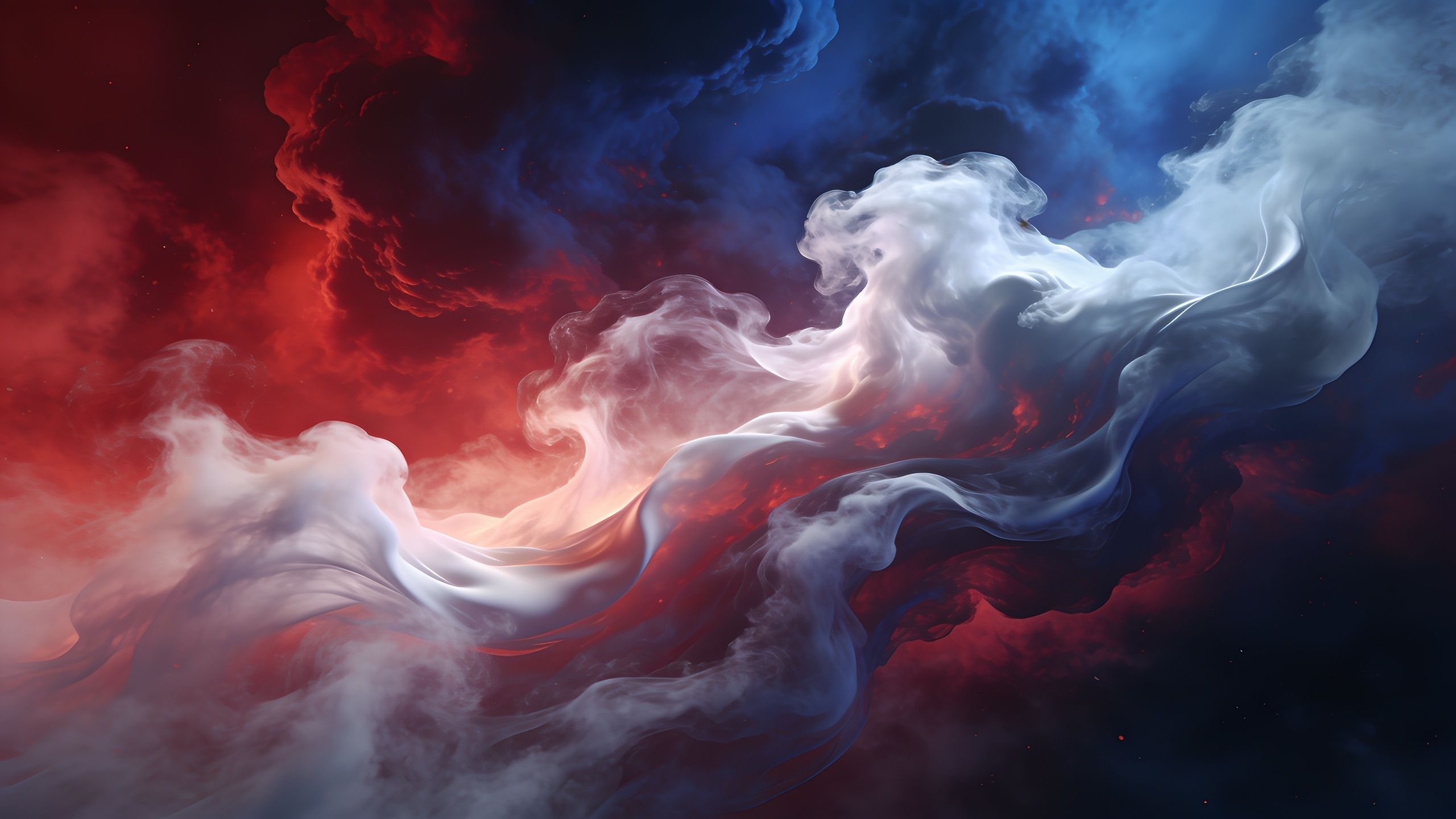 A vibrant abstract artwork featuring swirling red and blue smoke that intertwines gracefully against a dark background, creating a dynamic and ethereal atmosphere.