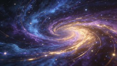 A vibrant cosmic spiral galaxy swirls with luminous golden and purple hues against a deep space backdrop, evoking a sense of wonder and infinity.
