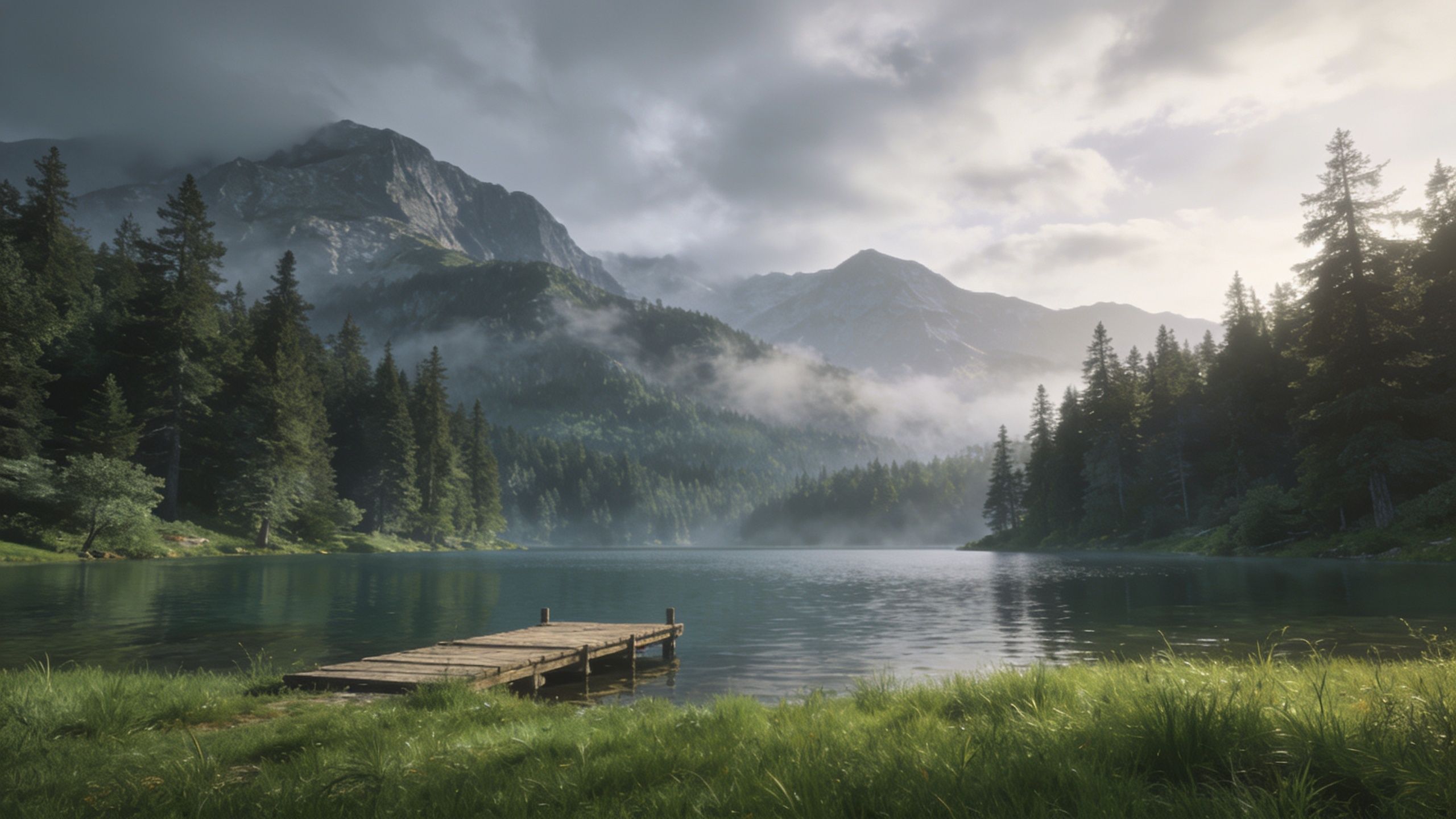 A tranquil mountain lake is surrounded by misty forests and towering peaks, with a wooden dock extending into the calm water under a cloudy sky, creating a serene and peaceful atmosphere.