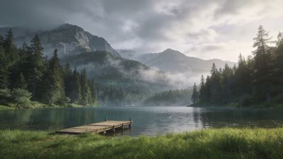 A tranquil mountain lake is surrounded by misty forests and towering peaks, with a wooden dock extending into the calm water under a cloudy sky, creating a serene and peaceful atmosphere.