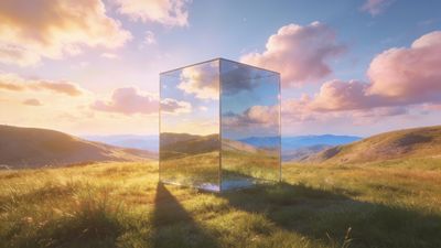 A reflective mirror cube stands on a grassy hill, capturing the vibrant colors of a scenic sunset with pink and orange clouds, creating a serene and surreal atmosphere.