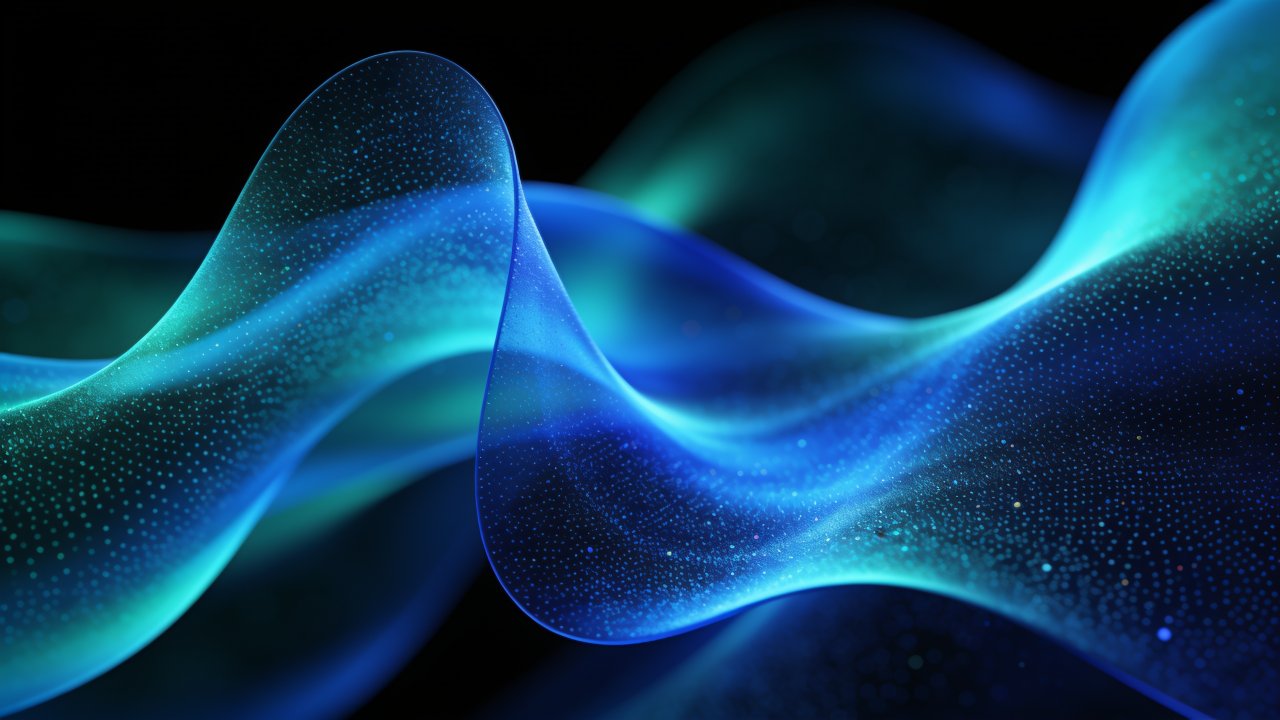 A dynamic abstract image featuring smooth, flowing blue wave patterns with a gradient of teal and deep blue hues, creating a serene and calming atmosphere. The waves are dotted with small, glowing particles that add a sense of depth and movement against a dark background.
