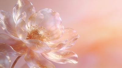 A delicate, translucent flower blooms gracefully against a soft, warm background, creating an ethereal and serene atmosphere.