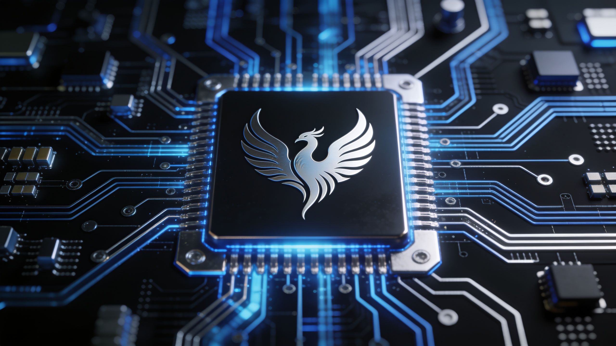 A 4K wallpaper depicting a futuristic circuit board with glowing blue lines and a central chip featuring a silver phoenix emblem, creating a sleek and high-tech atmosphere.