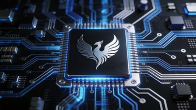 A 4K wallpaper depicting a futuristic circuit board with glowing blue lines and a central chip featuring a silver phoenix emblem, creating a sleek and high-tech atmosphere.