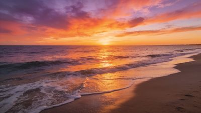 A vibrant sunset casts warm hues of orange, pink, and purple over gentle ocean waves, creating a serene and tranquil atmosphere along the sandy shoreline.
