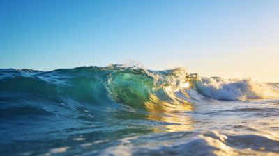 A vibrant ocean wave glistens with golden hues as the setting sun casts a warm glow, creating a serene and majestic seascape.