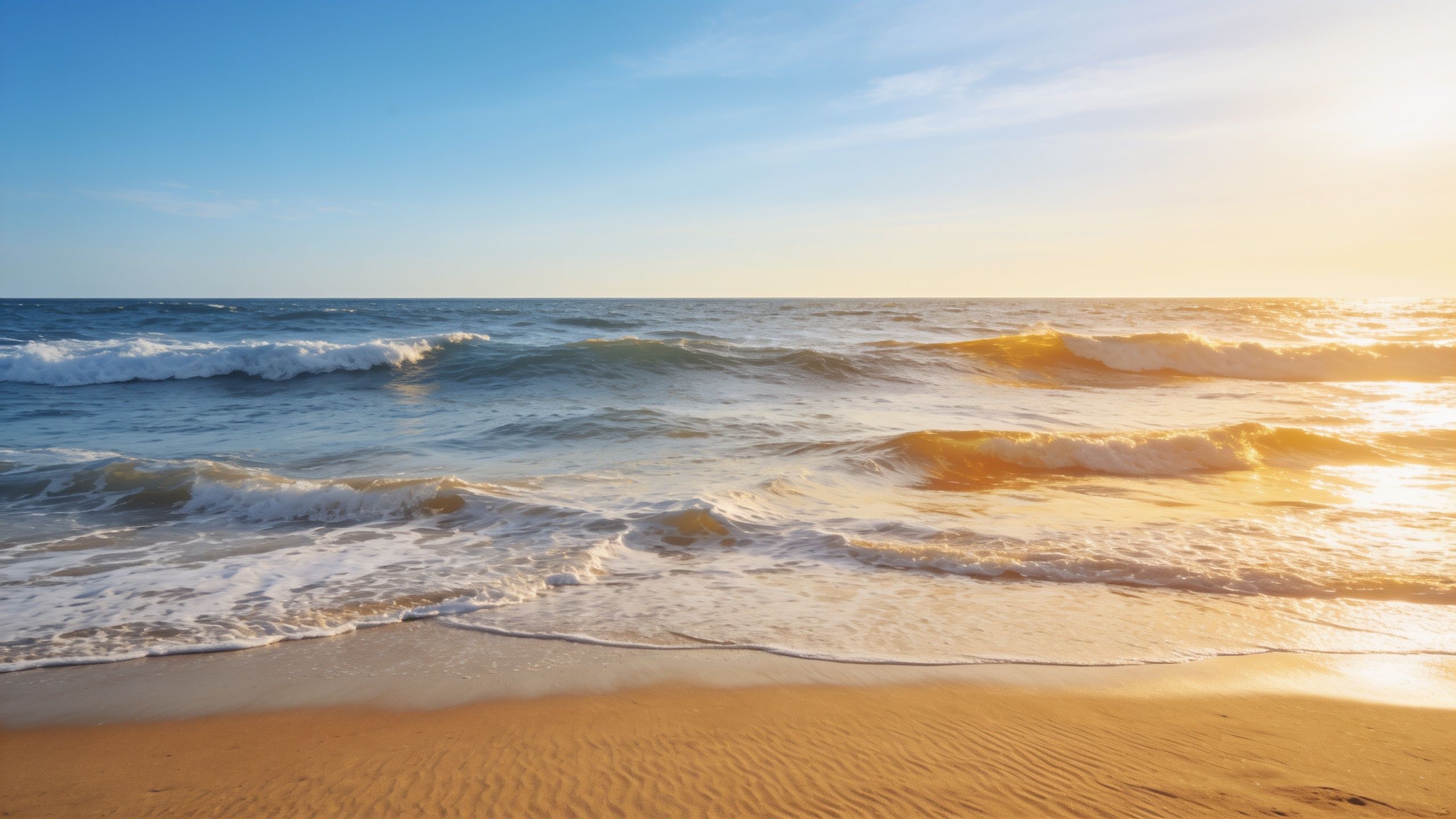 A serene beach scene at sunset features gentle waves rolling onto the shore, illuminated by the golden hues of the setting sun, creating a tranquil and warm atmosphere.