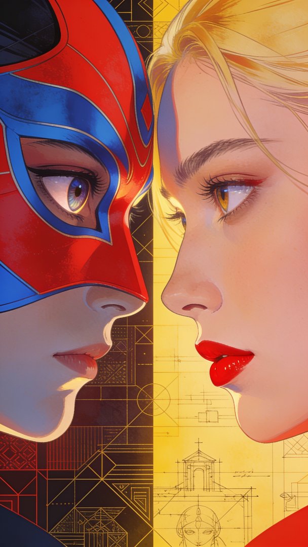 A vibrant Art Deco-inspired wallpaper featuring two faces in profile, one wearing a red and blue mask and the other with striking red lips, set against a geometric background of intricate gold and black patterns, creating a dramatic and mysterious mood.