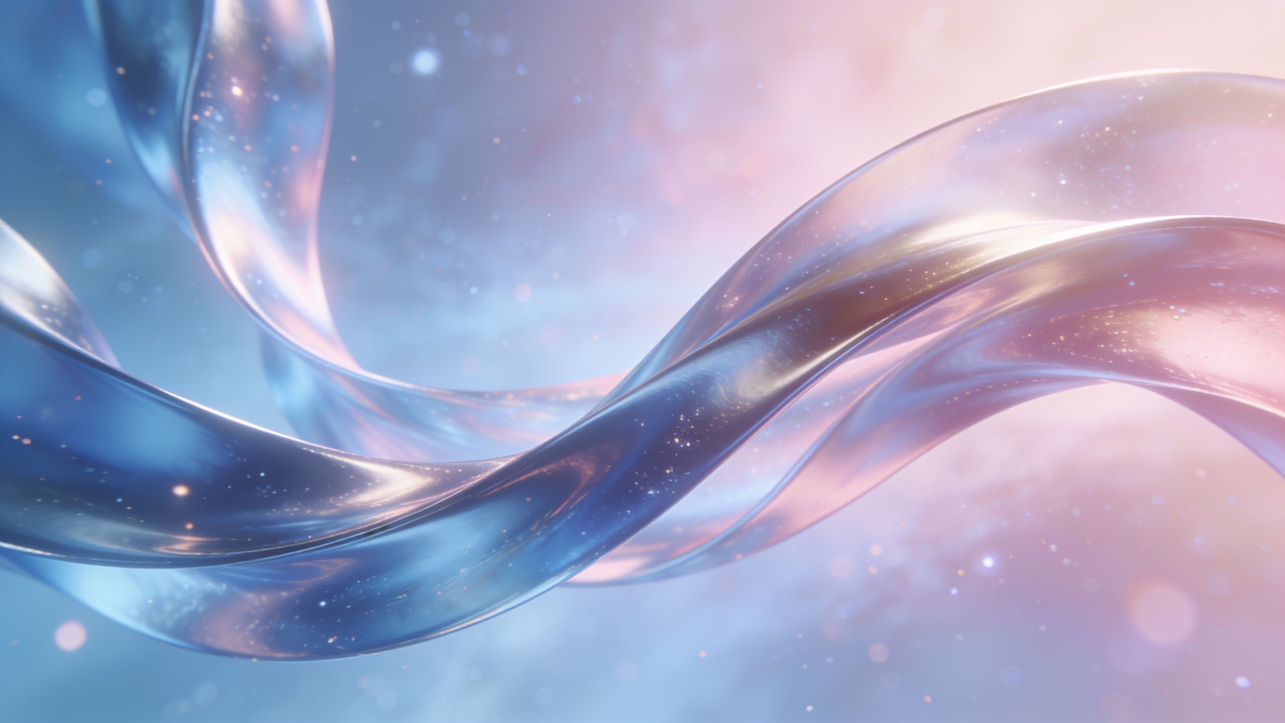 A vibrant abstract image features twisting, translucent ribbons in shades of blue and pink, set against a softly blurred background with hints of light and sparkles, creating a dreamy and ethereal mood.