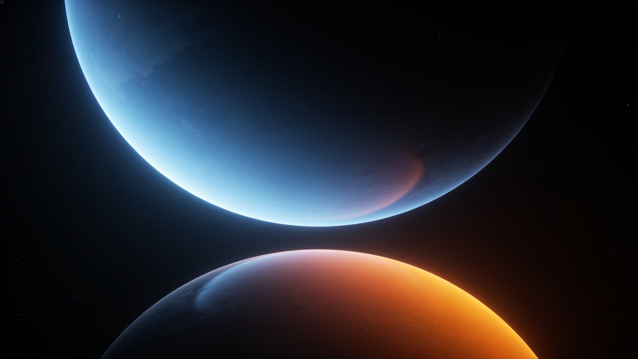A stunning 4K HD wallpaper depicting two planets, one glowing with a cool blue hue and the other with a warm orange tone, set against the backdrop of a dark, starry space, creating a serene and otherworldly mood.