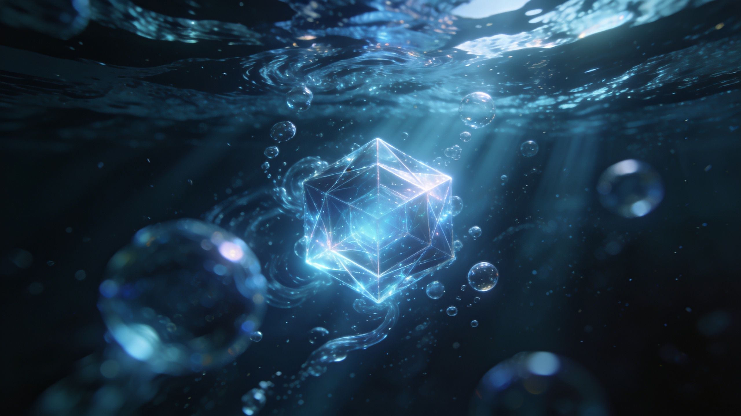 A glowing geometric cube emits light underwater, surrounded by bubbles and illuminated by serene beams of light, creating a tranquil and otherworldly atmosphere.