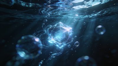 A glowing geometric cube emits light underwater, surrounded by bubbles and illuminated by serene beams of light, creating a tranquil and otherworldly atmosphere.