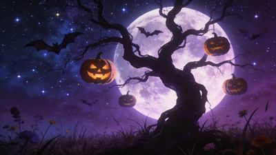 A twisted tree with glowing jack-o'-lanterns hanging from its branches stands against a large, bright full moon, surrounded by flying bats and a starry night sky, creating a spooky Halloween atmosphere.