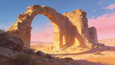 Ancient stone ruins stand majestically in a desert landscape, bathed in the warm, golden light of a sunset, with a serene sky painted in soft pink and blue hues, creating a tranquil and timeless atmosphere.