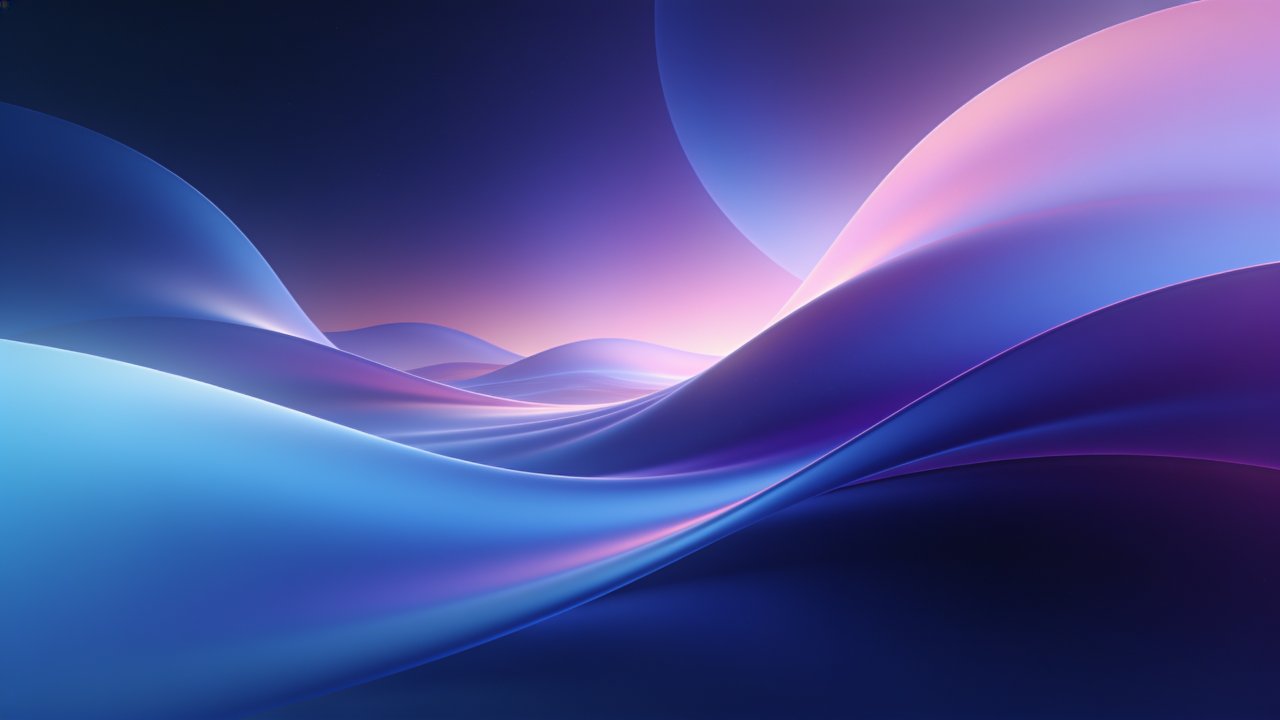 A vibrant abstract wallpaper featuring smooth, flowing waves in shades of blue, purple, and pink, creating a serene and dynamic visual effect against a dark background. The design evokes a sense of movement and tranquility, with soft gradients and a luminous glow.
