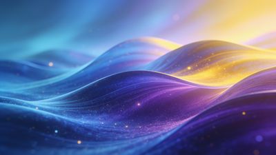 A vibrant and dynamic abstract image featuring smooth, flowing waves in rich shades of blue, purple, and gold, creating a sense of movement and depth with a serene and uplifting mood.