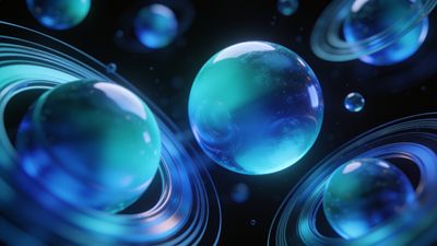 A collection of glossy, translucent blue spheres float against a dark background, surrounded by delicate, glowing rings, creating a serene and futuristic atmosphere.