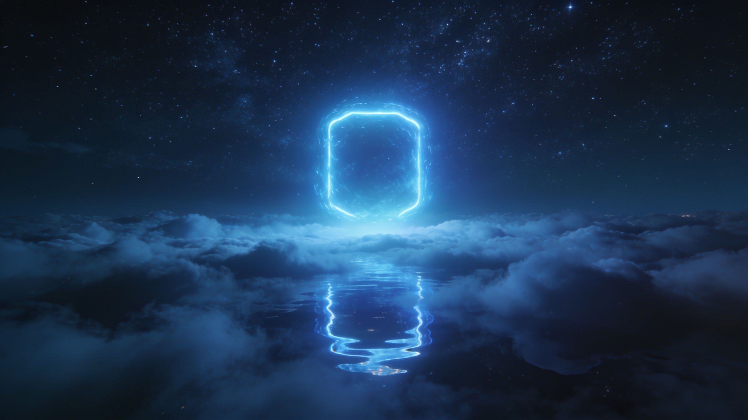 A glowing, rectangular portal hovers in a starry night sky, casting a bright reflection on the clouds below, creating a mysterious and otherworldly atmosphere.