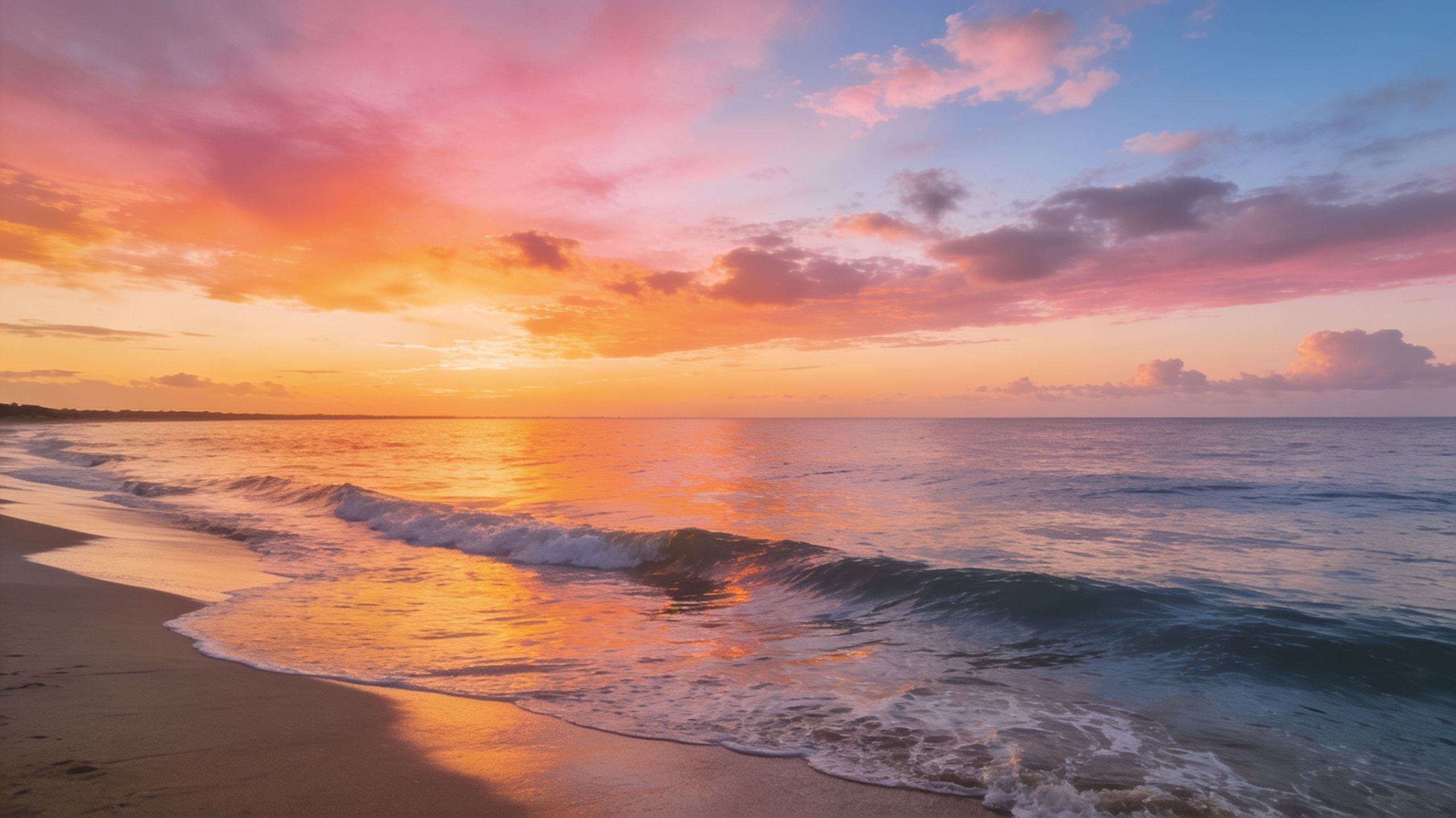 A tranquil sunset over the ocean with vibrant hues of orange, pink, and purple reflecting on the water, creating a peaceful and calming atmosphere. Gentle waves lap against the sandy shore under a sky dotted with soft clouds.