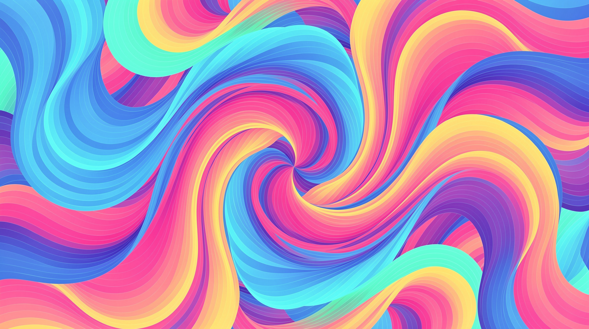 The wallpaper features vibrant swirling patterns in a kaleidoscope of colors, including blue, pink, yellow, and purple, creating a dynamic and energetic mood. The flowing curves and gradients give a sense of movement and fluidity.