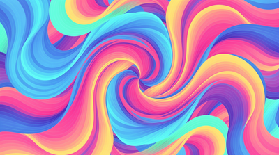 The wallpaper features vibrant swirling patterns in a kaleidoscope of colors, including blue, pink, yellow, and purple, creating a dynamic and energetic mood. The flowing curves and gradients give a sense of movement and fluidity.