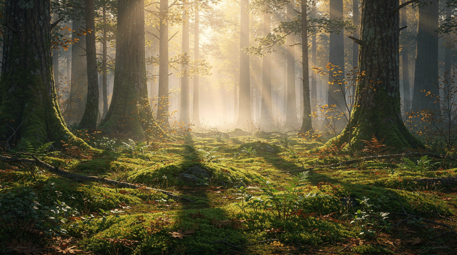 Sunlight filters through tall trees in a tranquil forest, illuminating a lush, moss-covered ground with scattered ferns and creating a serene, peaceful atmosphere.