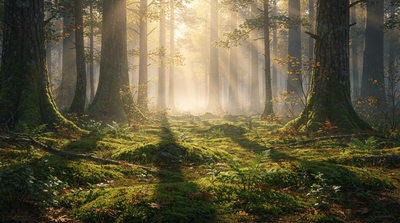 Sunlight filters through tall trees in a tranquil forest, illuminating a lush, moss-covered ground with scattered ferns and creating a serene, peaceful atmosphere.