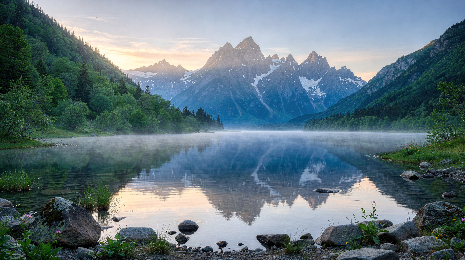 Snow-capped, jagged alpine peaks glow in soft dawn light above a glassy lake, their reflections rippling beneath a thin veil of mist and framed by lush green forests and foreground boulders. The gentle sunrise hues and drifting fog evoke a calm, dreamlike serenity.