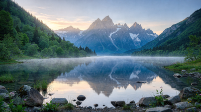 Snow-capped, jagged alpine peaks glow in soft dawn light above a glassy lake, their reflections rippling beneath a thin veil of mist and framed by lush green forests and foreground boulders. The gentle sunrise hues and drifting fog evoke a calm, dreamlike serenity.