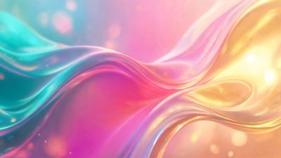 Abstract 4K wallpaper of silky, iridescent waves in turquoise, magenta, and gold flowing across a softly glowing pastel backdrop. The smooth curves and gentle sparkles create a serene, dreamlike mood.