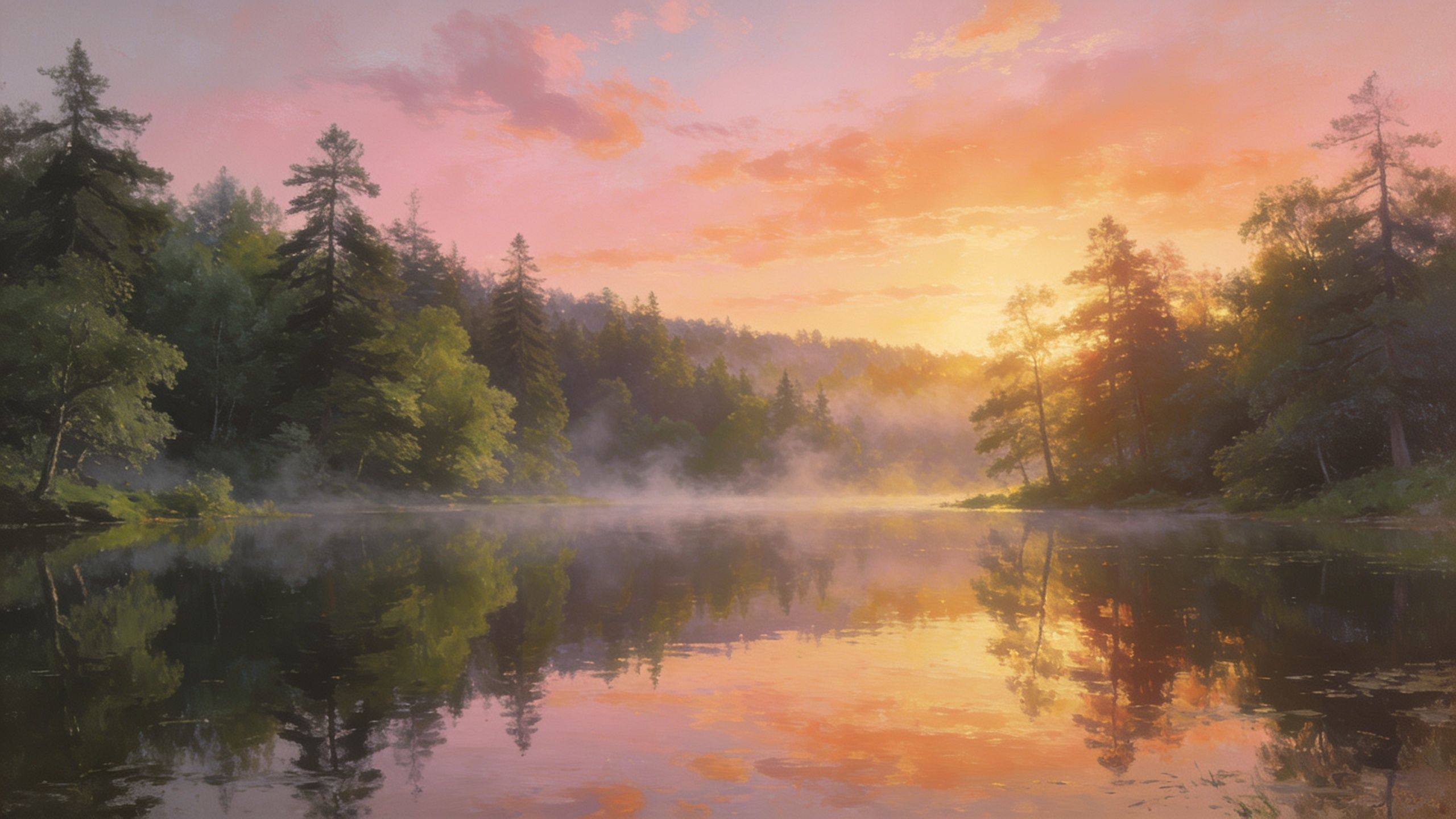 A tranquil scene of a sunset over a forest lake, with vibrant pink and orange hues reflecting on the calm water, surrounded by lush trees and a misty atmosphere, creating a serene and peaceful mood.