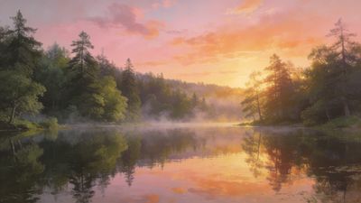 A tranquil scene of a sunset over a forest lake, with vibrant pink and orange hues reflecting on the calm water, surrounded by lush trees and a misty atmosphere, creating a serene and peaceful mood.