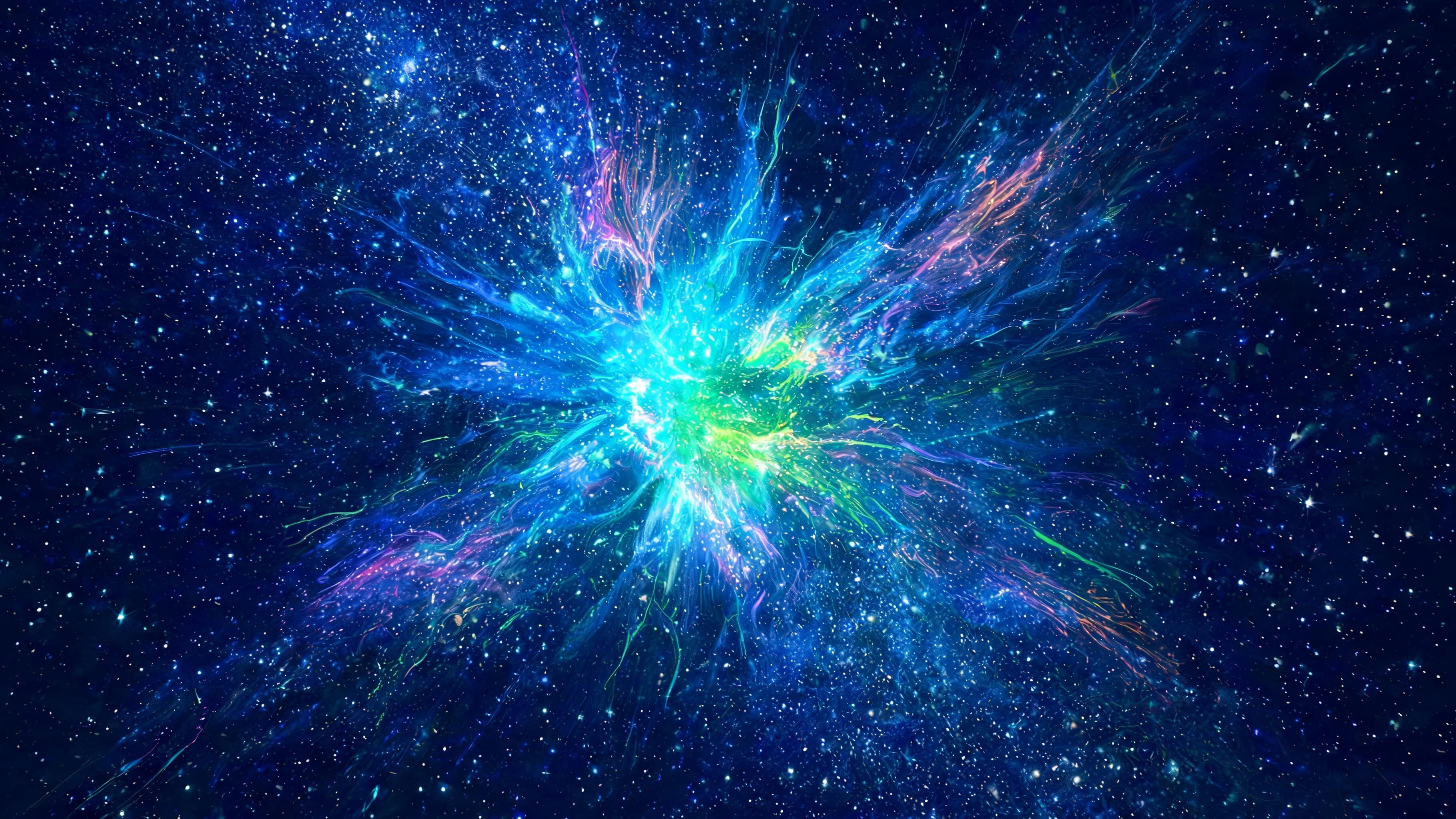 An electric-blue core erupts into neon greens, pinks, and purples, forming a vivid starburst nebula whose wispy filaments streak across a dark indigo star field. The high-contrast 4K HD artwork feels energetic and awe-inspiring, evoking the birth of a star amid the calm vastness of space.