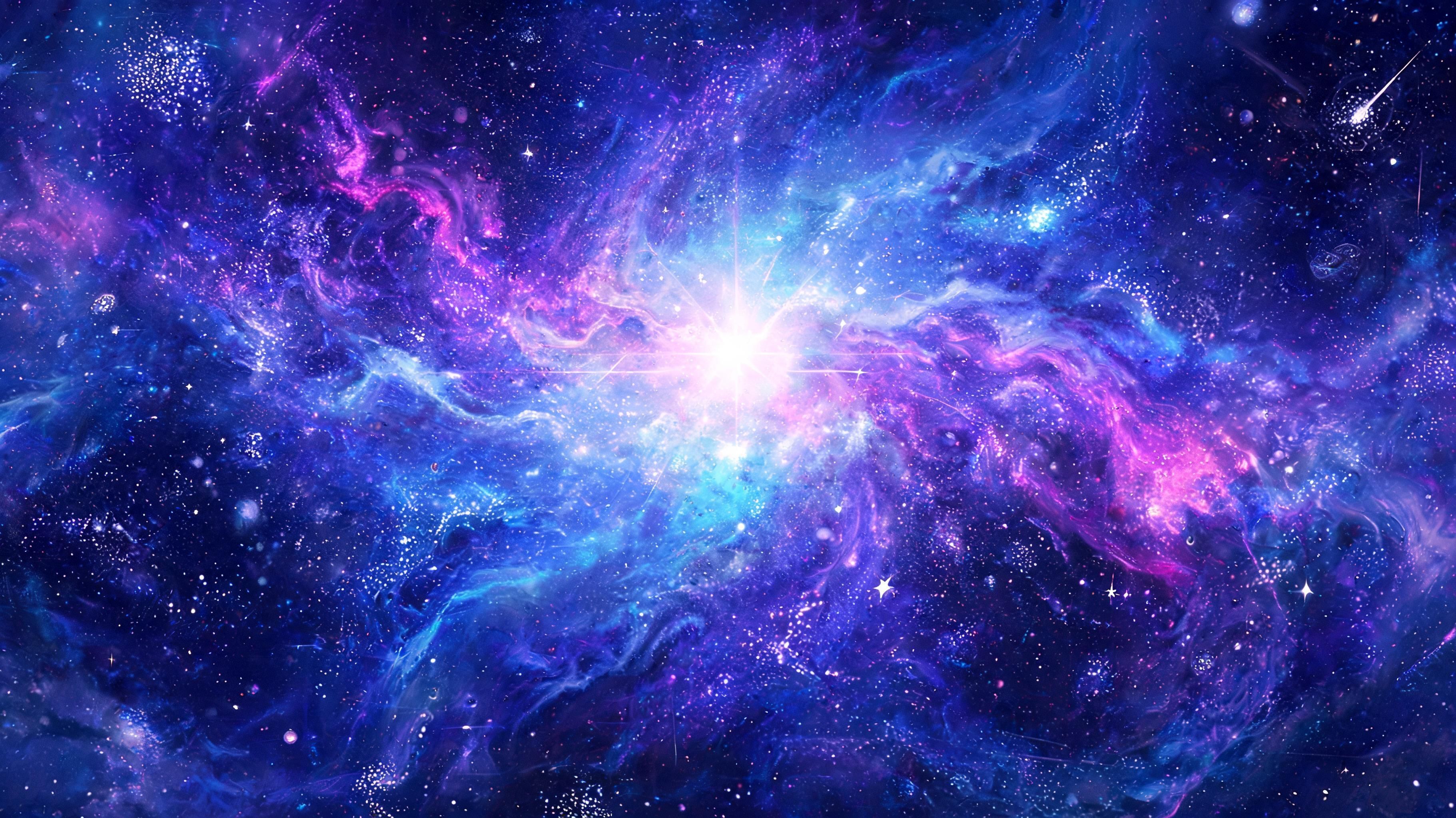 A brilliant white starburst flares at the center of a swirling blue, purple, and pink nebula, its glowing tendrils and scattered stars creating an energetic, awe-inspiring deep-space scene.