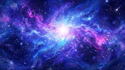 A brilliant white starburst flares at the center of a swirling blue, purple, and pink nebula, its glowing tendrils and scattered stars creating an energetic, awe-inspiring deep-space scene.