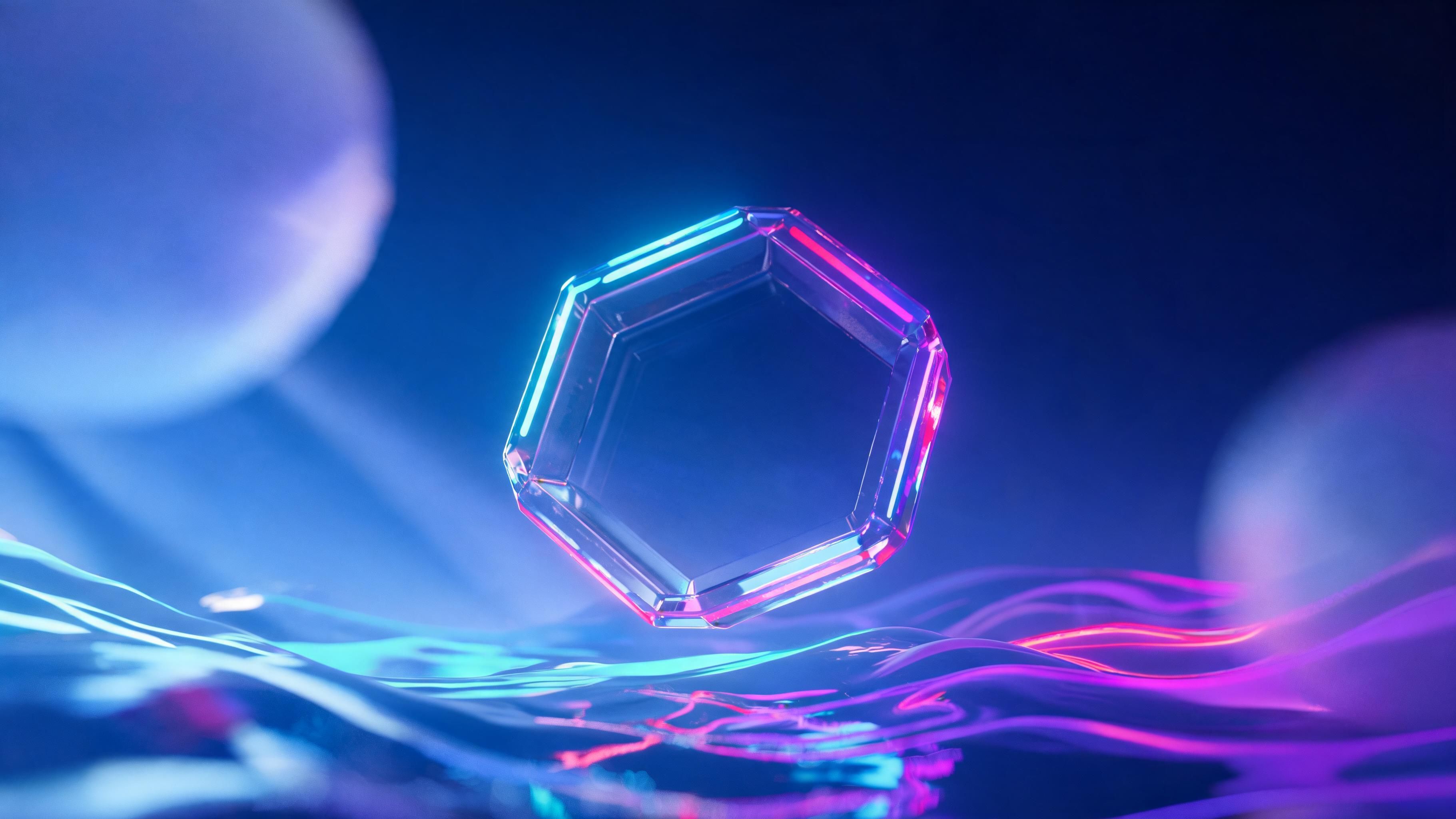 A transparent hexagonal prism edged in shifting neon blue and magenta light hovers above rippling, mirror-smooth liquid waves that glow with the same electric colors, creating a sleek, futuristic mood against a deep indigo background.