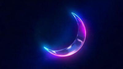 A translucent crescent moon floats in a dark indigo void, its glassy surface rimmed with vivid neon gradients of electric blue and magenta, creating a sleek, futuristic ambience.