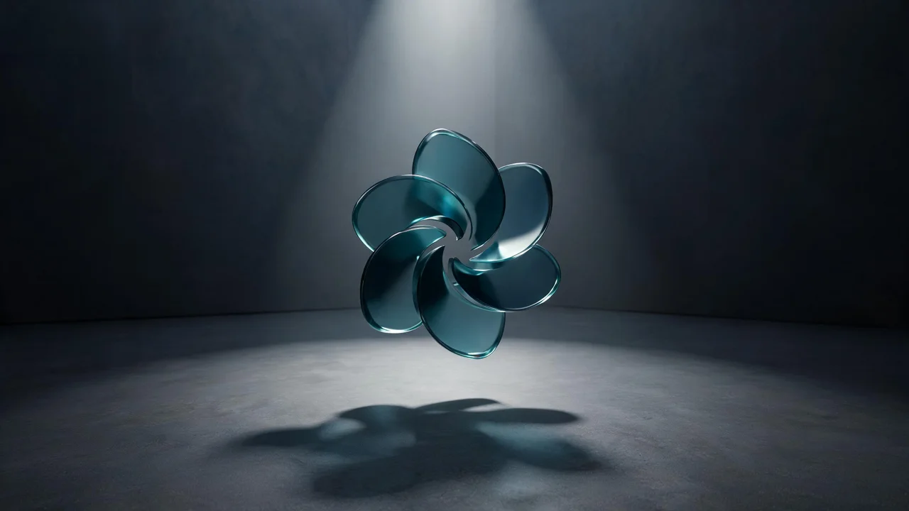 A teal, translucent glass sculpture shaped like a six-petaled abstract flower floats mid-air under a focused overhead spotlight in a dark, minimalist studio, its soft shadow stretching across the concrete floor. The dramatic lighting and smooth curves evoke a calm, futuristic mood.