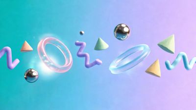 Glossy pastel 3D shapes—transparent rings, zigzag tubes, cones and chrome spheres—float weightlessly across a soft aqua-to-lavender gradient, creating a dreamy, playful mood for a vibrant 4K HD wallpaper.
